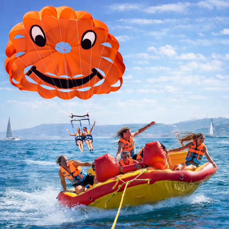 Pack parachute ascensionnel et bouée tractée à Cannes : voile orange au-dessus des passagers de la bouée